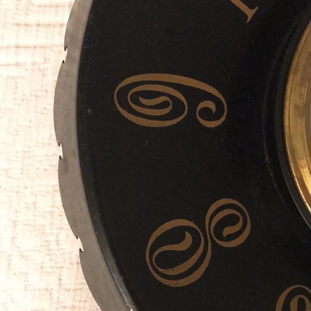 Vintage Mid Century Kitchen Clock Black & Gold Metal Tole Wear Tolewear Plug In